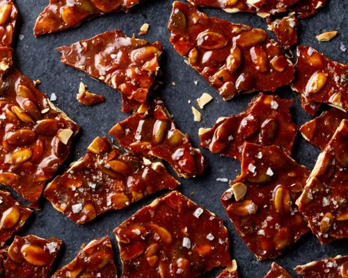 Morceaux de croquant aux graines de citrouille sur un fond sombre