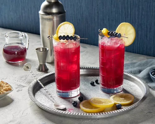 Deux verres highball de fizz au whisky aux bleuets sur glace, garnis de rondelles de citron et de brochettes de bleuets, présentés sur un plateau en argent avec un shaker à cocktails, une mesure, une cuillère à mélange, une carafe de sirop simple, et des bols de sucre brun et de bleuets.