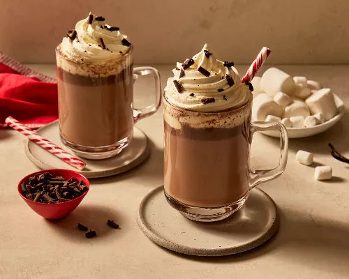 Deux tasses en verre de chocolat chaud à la vanille, garnies de crème fouettée et agrémentées de chocolat râpé et de bâtons de bonbon, reposant sur des soucoupes et accompagnées de guimauves, de chocolat râpé et de gousses de vanille